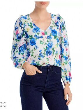 T Tahari Women Ruffle Trim V-Neck Button Down Floral Print Blouse Size XS